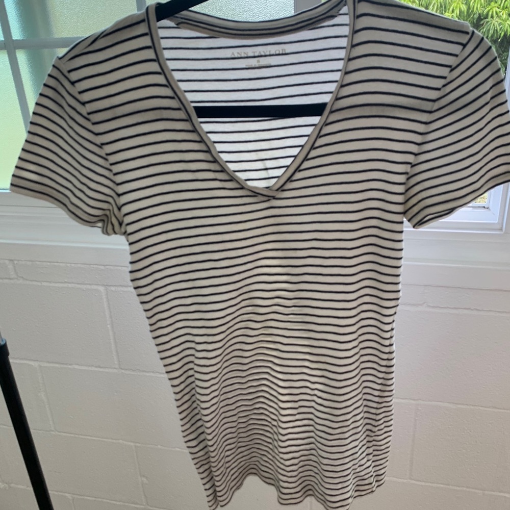 Ann Taylor Striped Cotton V Neck Small